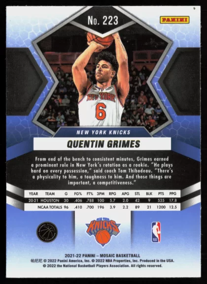 2021 2021-22 Panini Mosaic Quentin Grimes Basketball card — Back thumbnail