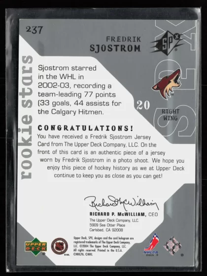 2003 2003-04 Upper Deck Rookie Update Fredrik Sjostrom Hockey card — Back thumbnail