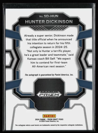 2024 2024 Panini Prizm Draft Picks Hunter Dickinson Basketball card — Back thumbnail