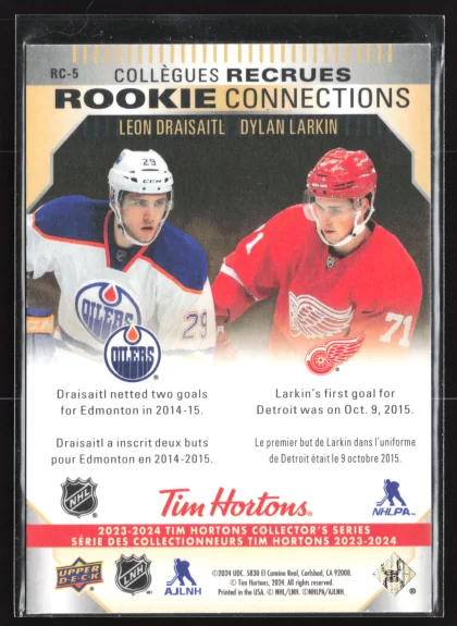 2023 2023-24 Upper Deck Tim Hortons Greatest Duos Leon Draisaitl / Dylan Larkin Hockey card — Back thumbnail