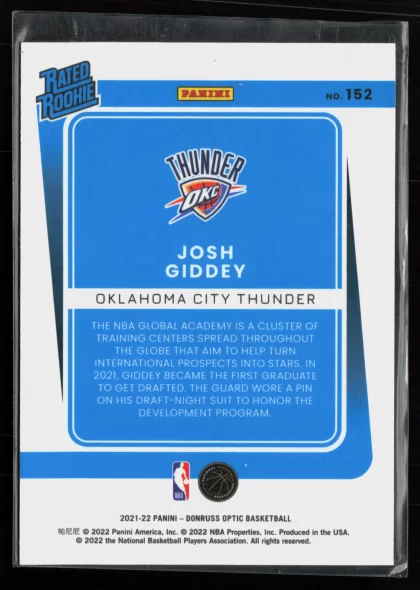 2021 2021-22 Donruss Optic Josh Giddey Basketball card — Back thumbnail