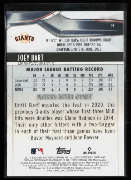 2021 2021 Bowman Platinum Joey Bart Baseball card — Back thumbnail