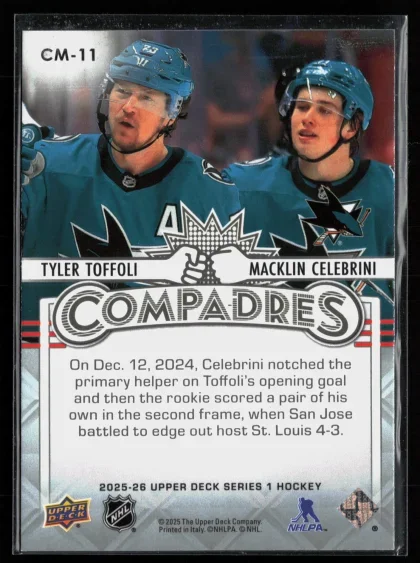 2025 2025-26 Upper Deck Macklin Celebrini / Tyler Toffoli Hockey card — Back thumbnail