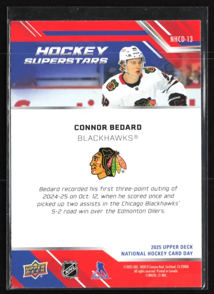 2025 2025 Upper Deck National Hockey Card Day Connor Bedard Hockey card — Back thumbnail