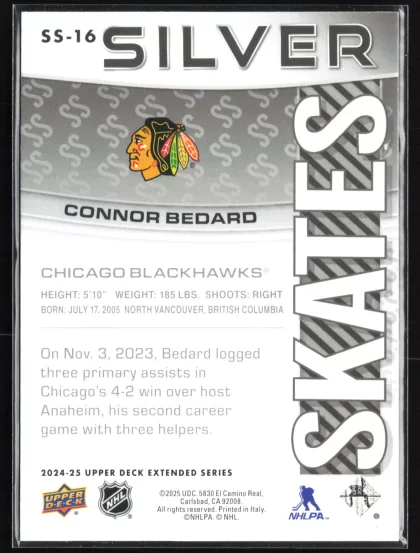 2024 2024-25 Upper Deck Connor Bedard Hockey card — Back thumbnail