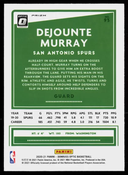 2020 2020-21 Donruss Optic Dejounte Murray Basketball card — Back thumbnail