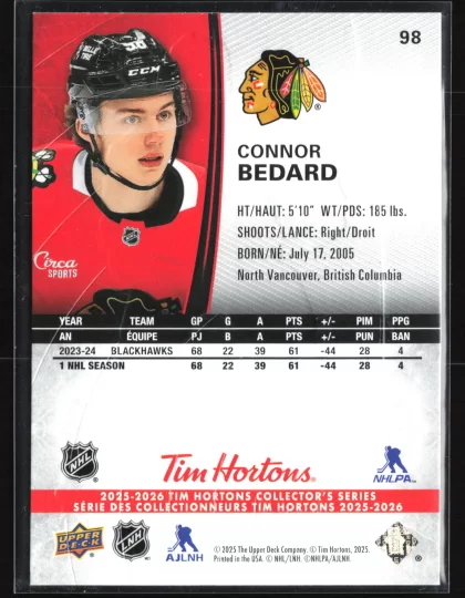 2025 2025-26 Upper Deck Tim Hortons Connor Bedard Hockey card — Back thumbnail