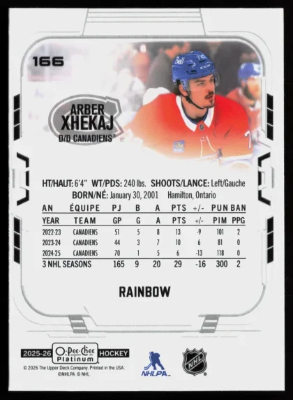 2025 2025-26 O-Pee-Chee Arber Xhekaj Hockey card — Back thumbnail