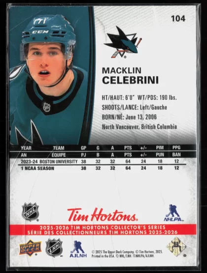 2025 2025-26 Upper Deck Tim Hortons Macklin Celebrini Hockey card — Back thumbnail