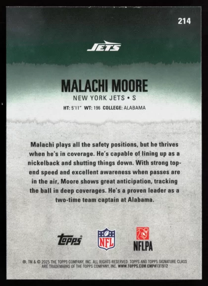 2025 2025 Topps Signature Class Malachi Moore Football card — Back thumbnail