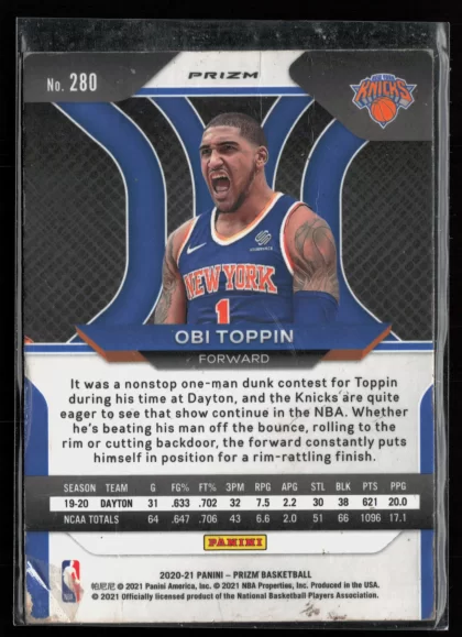 2020 2020-21 Panini Prizm Obi Toppin Basketball card — Back thumbnail
