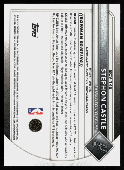 2025 2025-26 Bowman Stephon Castle Basketball card — Back thumbnail