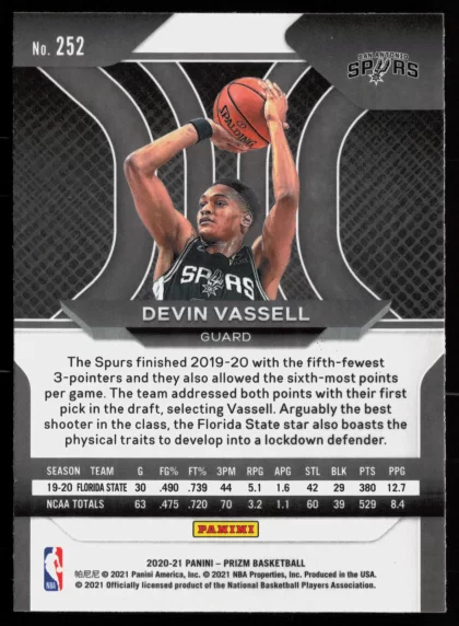 2020 2020-21 Panini Prizm Devin Vassell Basketball card — Back thumbnail