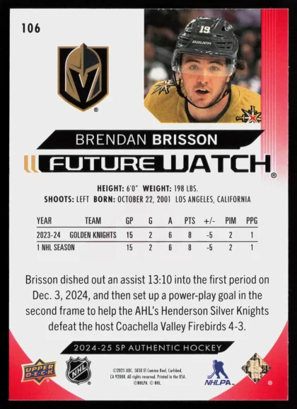 2024 2024-25 SP Authentic Brendan Brisson Hockey card — Back thumbnail