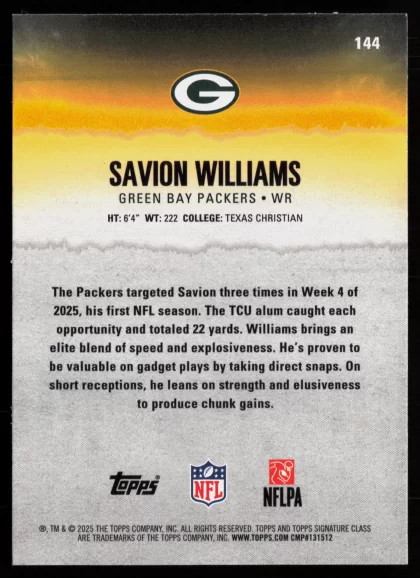2025 2025 Topps Signature Class Savion Williams Football card — Back thumbnail