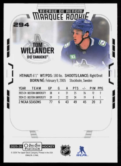 2025 2025-26 O-Pee-Chee Platinum Tom Willander Hockey card — Back thumbnail