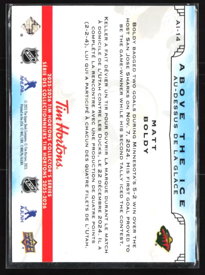 2025 2025-26 Upper Deck Tim Hortons Matt Boldy Hockey card — Back thumbnail
