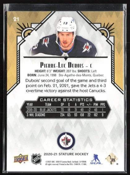 2020 2020-21 Upper Deck Stature Pierre-Luc Dubois Hockey card — Back thumbnail