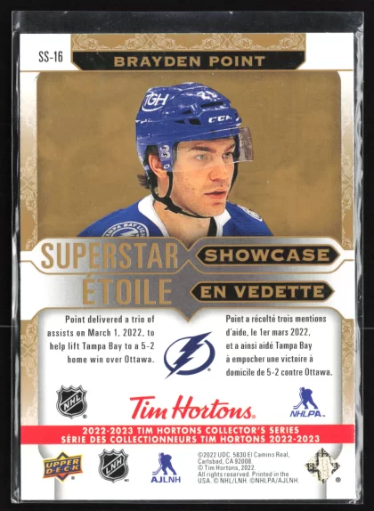 2022 2022-23 Upper Deck Tim Hortons Brayden Point Hockey card — Back thumbnail