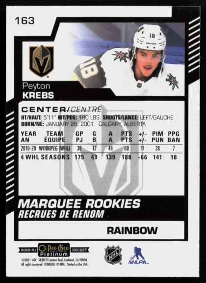 2020 2020-21 O-Pee-Chee Platinum Peyton Krebs Hockey card — Back thumbnail
