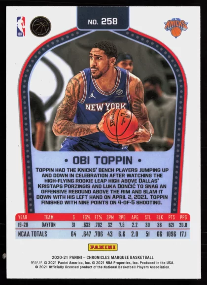 2020 2020-21 Panini Chronicles Obi Toppin Basketball card — Back thumbnail
