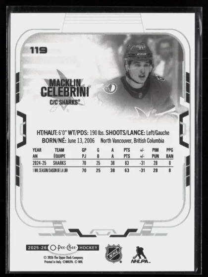 2025 2025-26 O-Pee-Chee Macklin Celebrini Hockey card — Back thumbnail