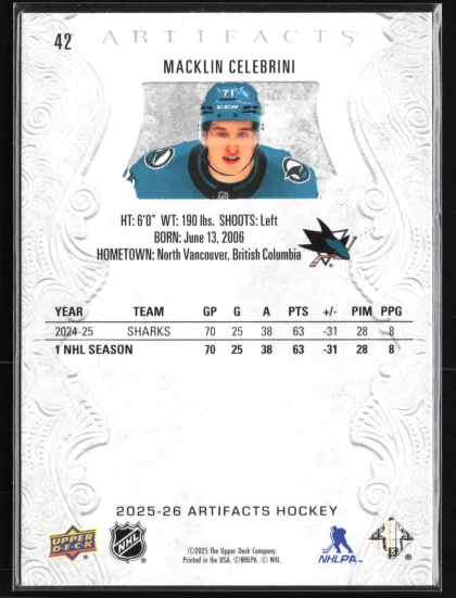2025 2025-26 Upper Deck Artifacts Macklin Celebrini Hockey card — Back thumbnail
