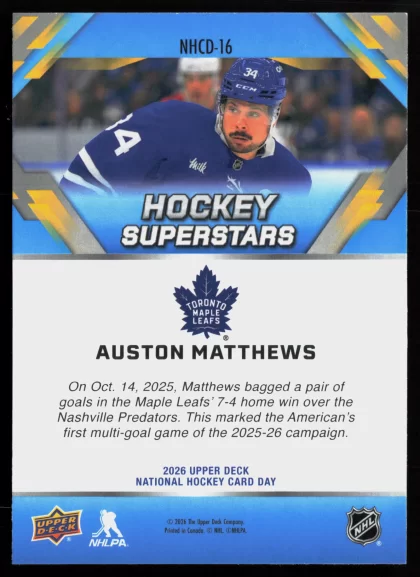 2026 2026 Upper Deck National Hockey Card Day Auston Matthews Hockey card — Back thumbnail