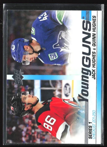 2019 2019-20 Upper Deck Jack Hughes/Quinn Hughes YG, CL, SN100 Hockey card — Front