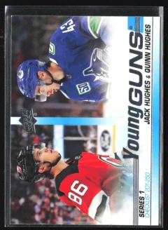 2019 2019-20 Upper Deck Jack Hughes/Quinn Hughes YG, CL, SN100 Hockey card front — Card Source Canada