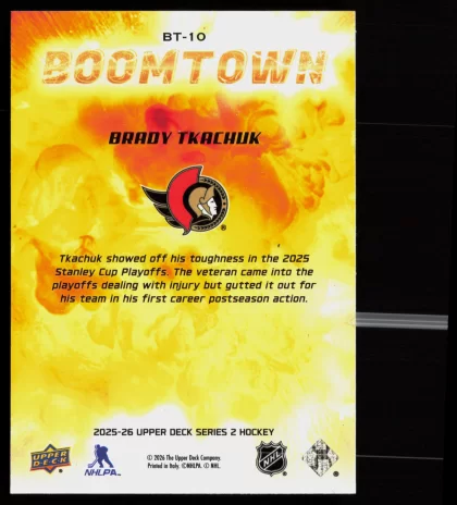 2025 2025-26 Upper Deck Brady Tkachuk Hockey card — Back thumbnail