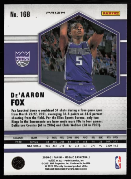 2020 2020-21 Panini Mosaic De'Aaron Fox Basketball card — Back thumbnail