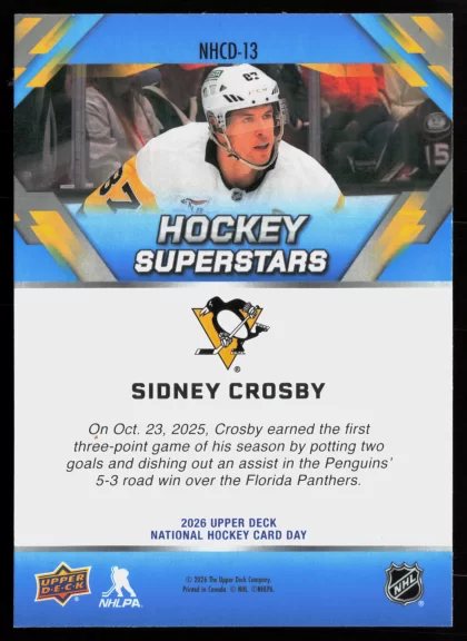 2026 2026 Upper Deck National Hockey Card Day Sidney Crosby Hockey card — Back thumbnail