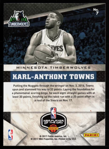 2016 2016-17 Panini NBA Player of the Day Karl-Anthony Towns Basketball card — Back thumbnail