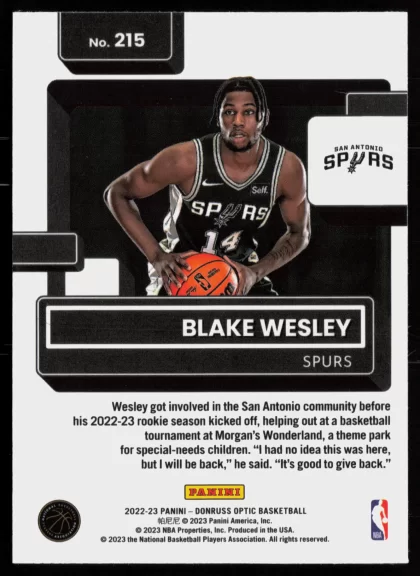 2022 2022-23 Donruss Optic Blake Wesley Basketball card — Back thumbnail