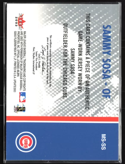 2003 2003 Fleer Tradition Update Sammy Sosa Baseball card — Back thumbnail