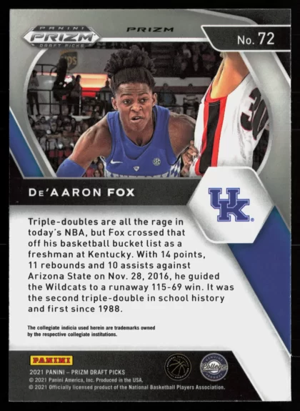 2021 2021 Panini Prizm Draft Picks De'Aaron Fox Basketball card — Back thumbnail