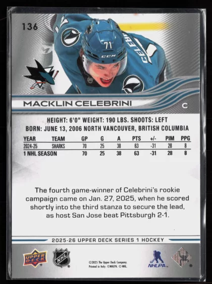 2025 2025-26 Upper Deck Macklin Celebrini Hockey card — Back thumbnail