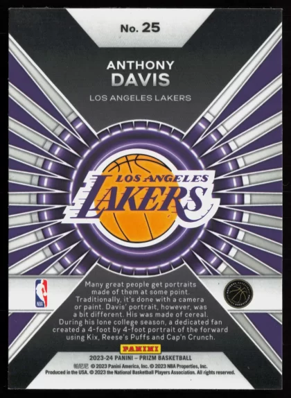 2023 2023-24 Panini Prizm Anthony Davis Basketball card — Back thumbnail