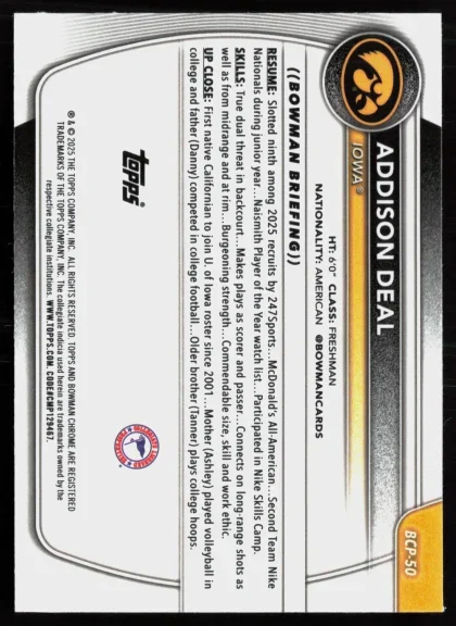 2025 2025-26 Bowman Addie Deal Basketball card — Back thumbnail