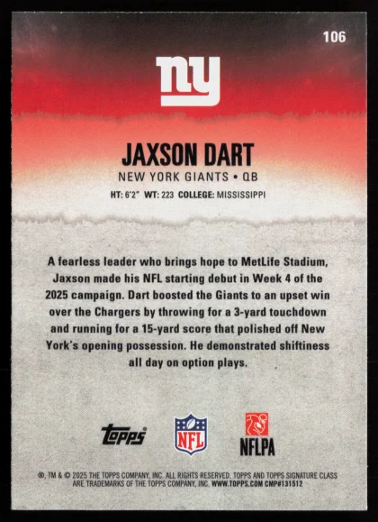 2025 2025 Topps Signature Class Jaxson Dart Football card — Back thumbnail