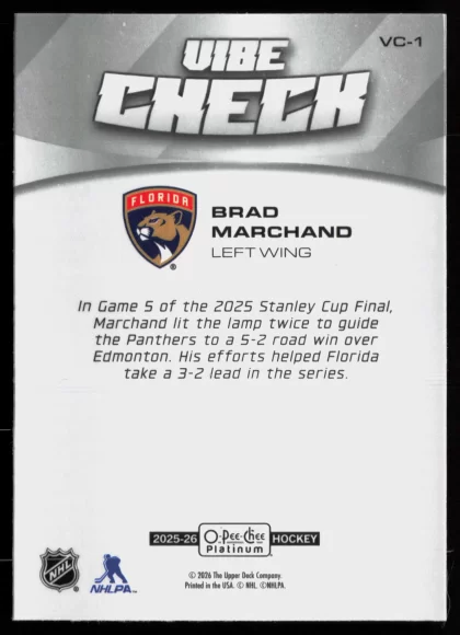 2025 2025-26 O-Pee-Chee Platinum Brad Marchand Hockey card — Back thumbnail