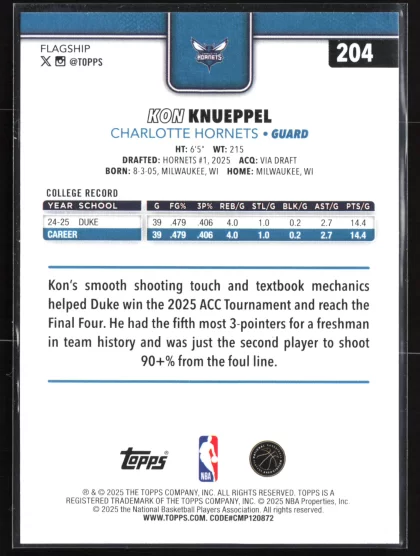 2025 2025-26 Topps Kon Knueppel Basketball card — Back thumbnail