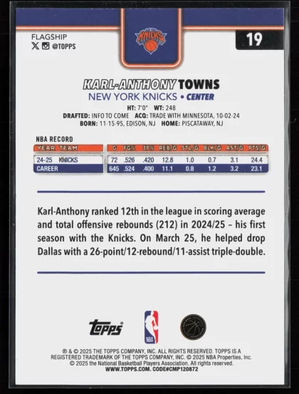 2025 2025-26 Topps Karl-Anthony Towns Basketball card — Back thumbnail