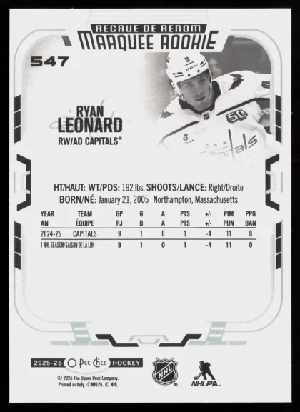 2025 2025-26 O-Pee-Chee Ryan Leonard Hockey card — Back thumbnail