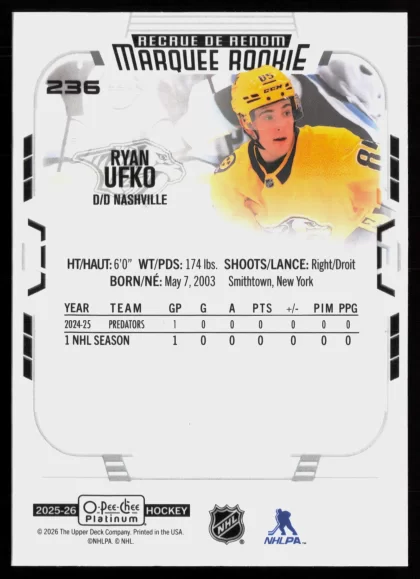 2025 2025-26 O-Pee-Chee Platinum Ryan Ufko Hockey card — Back thumbnail