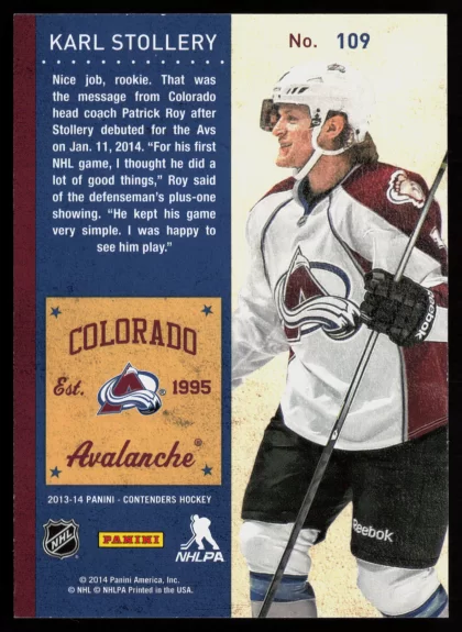 2013 2013-14 Panini Contenders Karl Stollery Hockey card — Back thumbnail