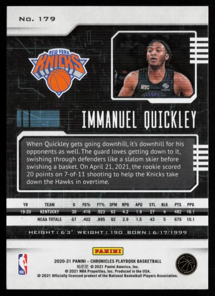2020 2020-21 Panini Chronicles Immanuel Quickley Basketball card — Back thumbnail
