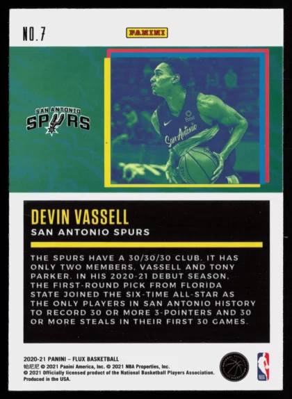 2020 2020-21 Panini Flux Devin Vassell Basketball card — Back thumbnail