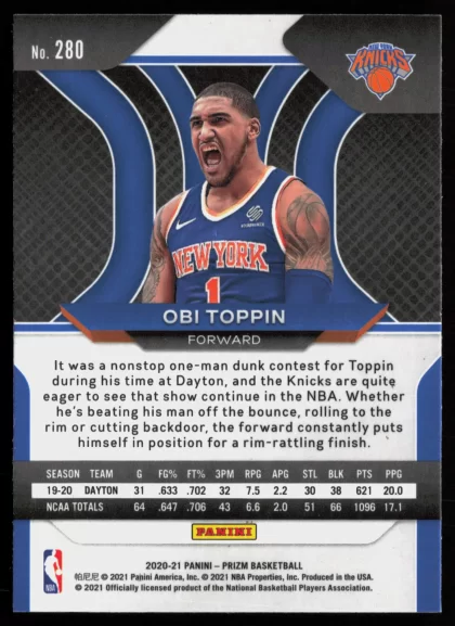 2020 2020-21 Panini Prizm Obi Toppin Basketball card — Back thumbnail